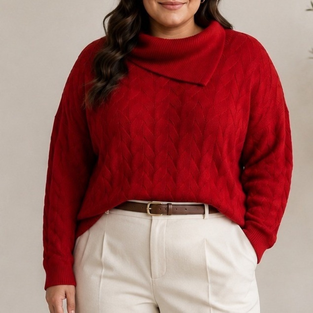 Talbots Sweater Red Cowl Neck Cable Knit Preppy Classic Quiet Luxury XL NEW